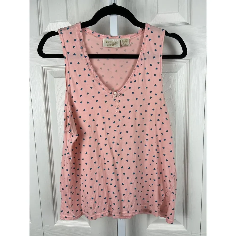 Vintage Victoria’s Secret Gold Label Pink Heart Print Sleep Tank M‎ Cotton